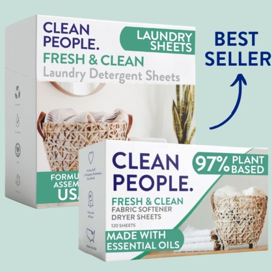 Our best-selling laundry detergent duo! 96-count sheets bundled with 120-count dryer sheets. NO 1,4 dioxane, phosphates, parabens, artificial dyes or animal fats. This duo leaves your clothes feeling soft with reduced static cling. 
Works with all washing machines: Top Loaders, Front Loaders, and HE (High Efficiency).  Works with Septic Tanks too!